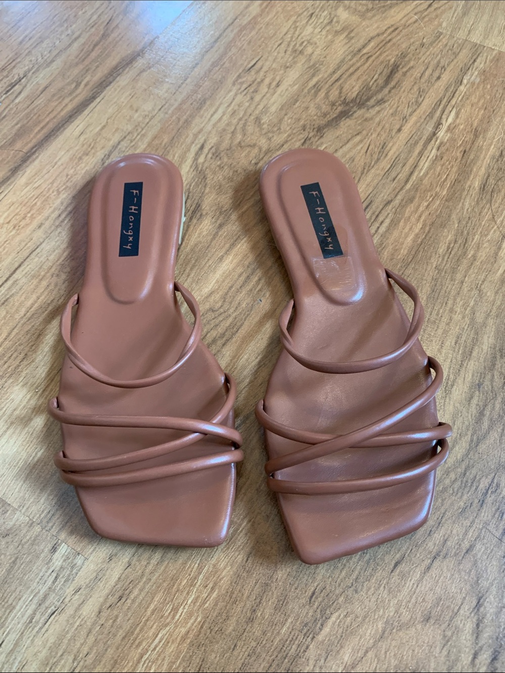 Source Unknown Brown Multi-Strap Square Toe Slide Sandals